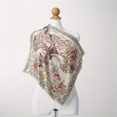Vintage Tree Print Bandana Beige Square Scarf Boho Satin Neckerchief