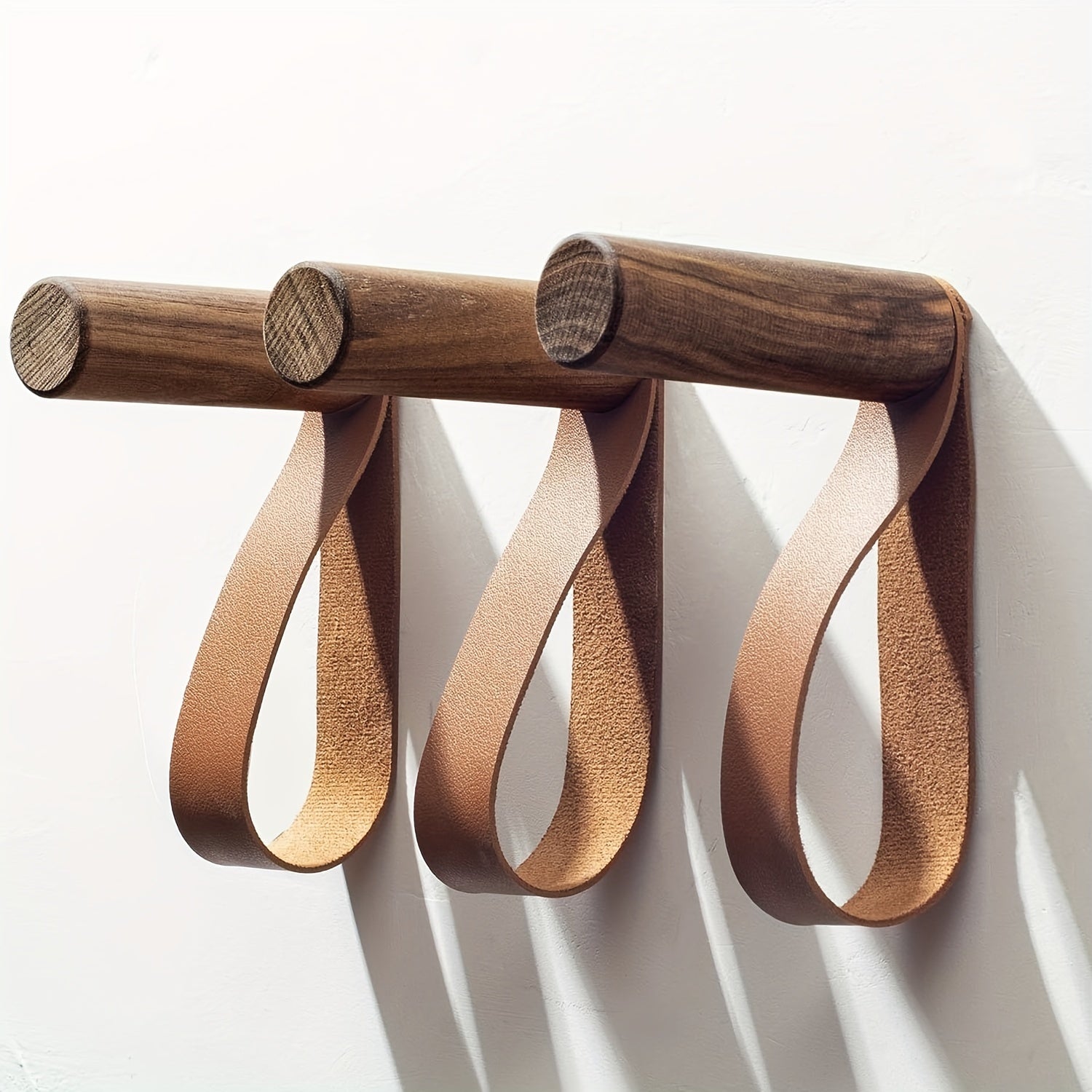 Wooden Hook w/ PU Leather Strap Wall Hook Coat Hanger