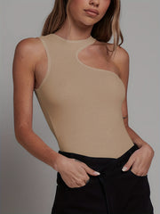 Sexy Asymmetrical Solid Bodysuit Sleeveless Crew Neck Women's Clothing