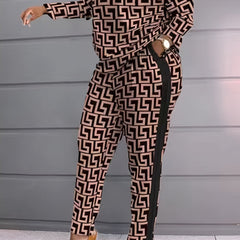 Geo Print Two piece Set Long Sleeve T shirt & High Waist Pants