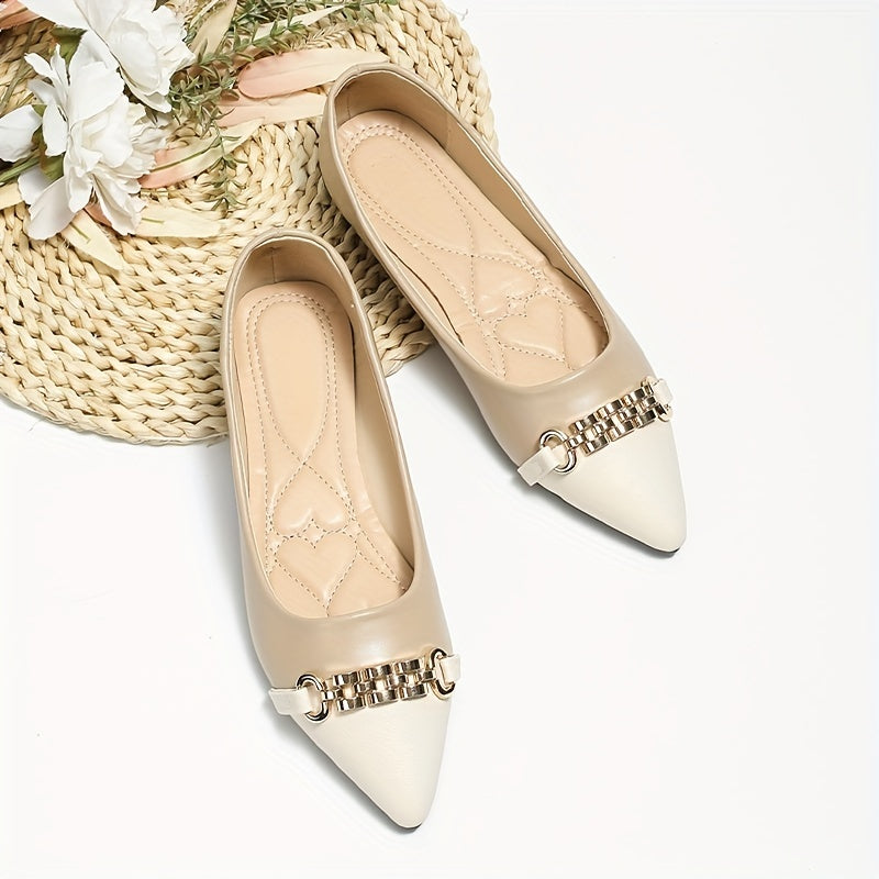 Chain Decor Flat Shoes Point Toe Slip On Lightweight Ballet Shoes