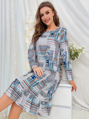 Geometric Pattern Ruffle NightDress Long Sleeve Pajama Dress Women's Sleepwear