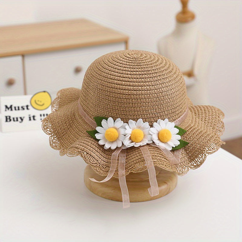 Wide Brim Sun Hat Flower Ball Straw Cap for Girls