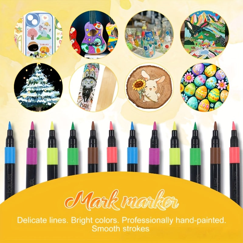 12 Acrylic Markers Non Bleeding Waterproof Doodle Pens for Canvas Wood Glass Fab