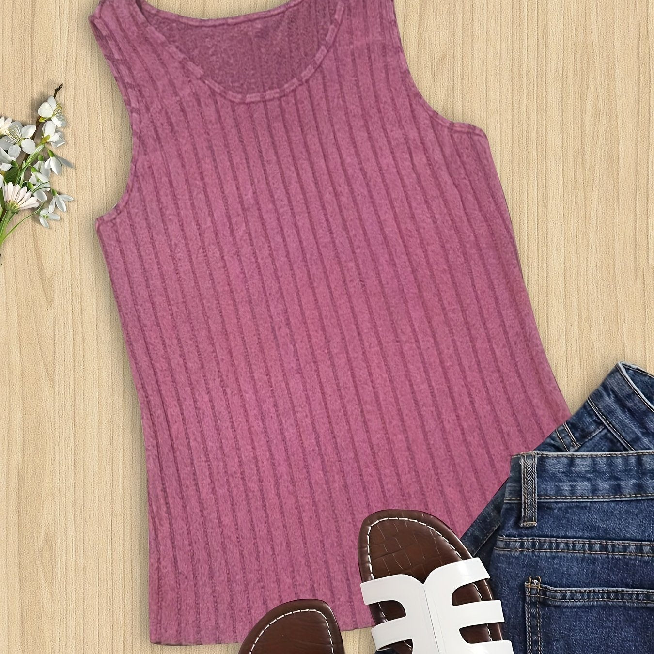 Ribbed Tank Top Round Neck Stretch Vest