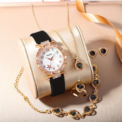 Stylish Rhinestone Studded Quartz Watch & Kids Heart Jewelry Set
