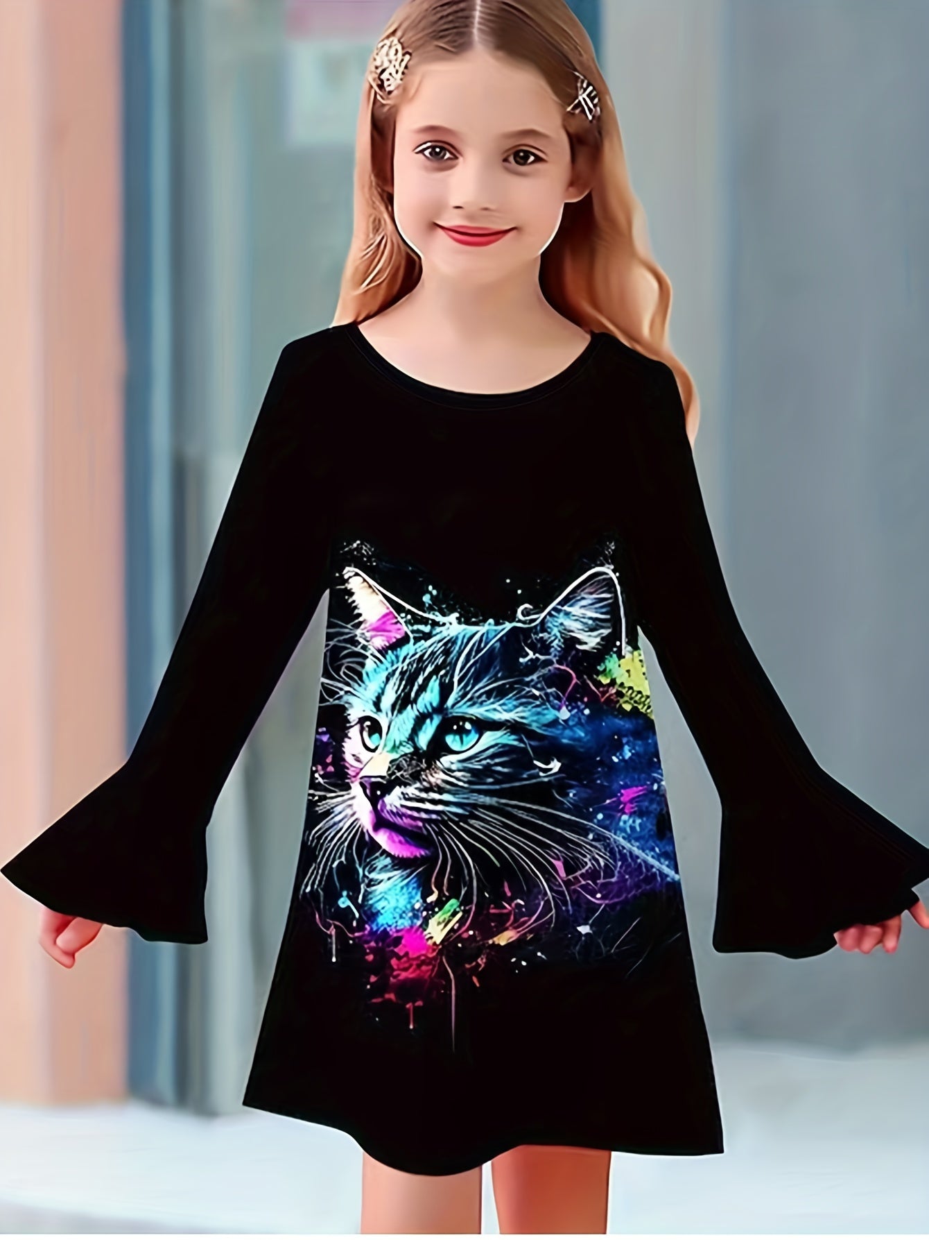 Tie Dye Kitty Graphic Crew Neck Long Sleeve Dress For Girls