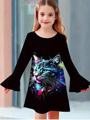 Tie Dye Kitty Graphic Crew Neck Long Sleeve Dress For Girls
