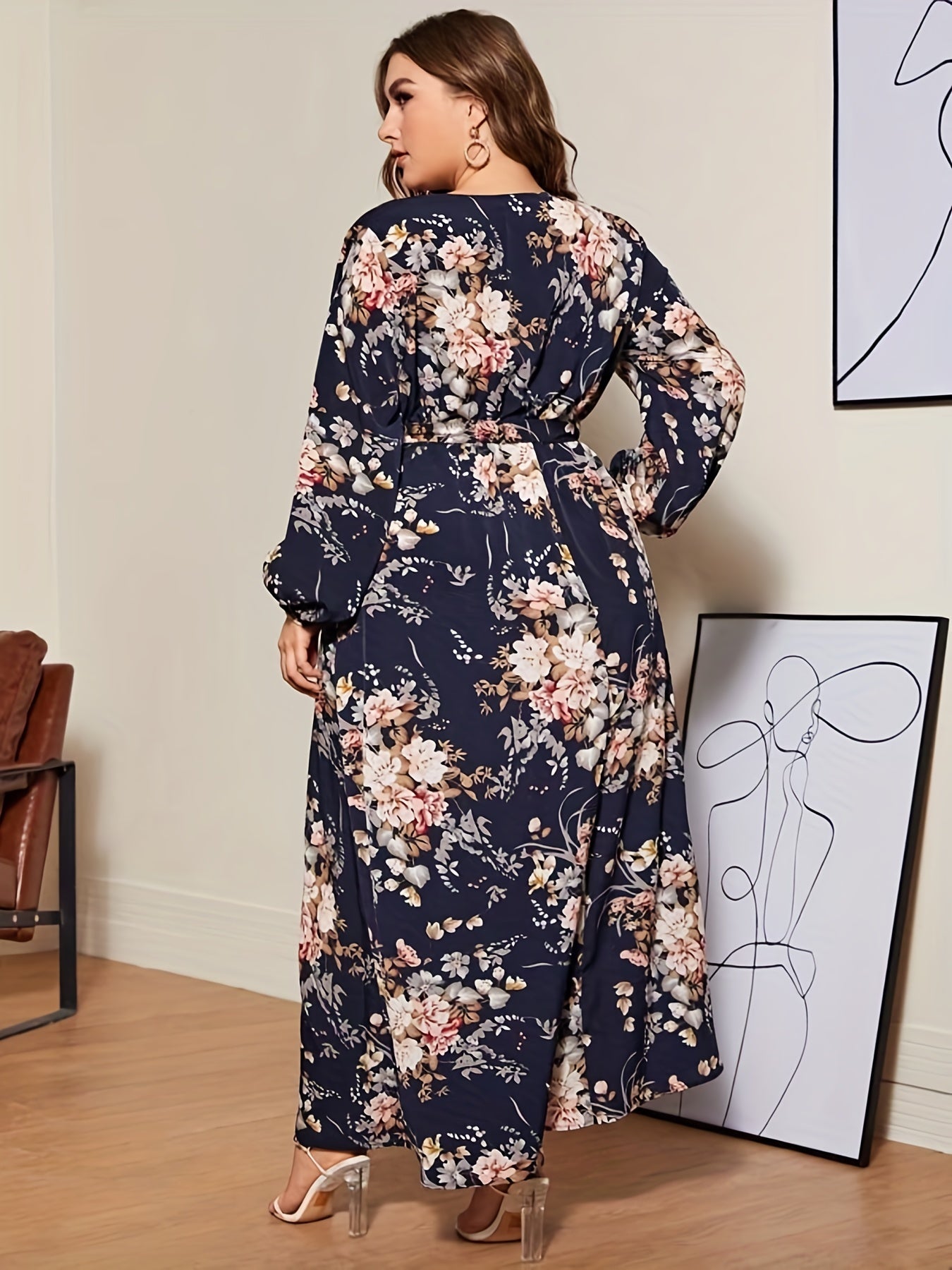 Women's Plus Floral Print Long Sleeve Maxi Dress With Belt