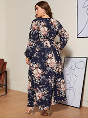 Women's Plus Floral Print Long Sleeve Maxi Dress With Belt