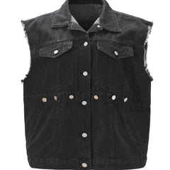 Denim Vest Fringe Trim Button Front Slim Fit Casual Jean Vest