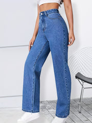 High Rise Straight Jeans Washed Loose Slash Pocket Zipper Button Closure