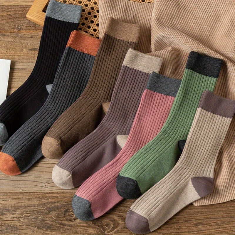 7 Pairs Colorblock Crew Socks Comfy & Breathable Women's Stockings