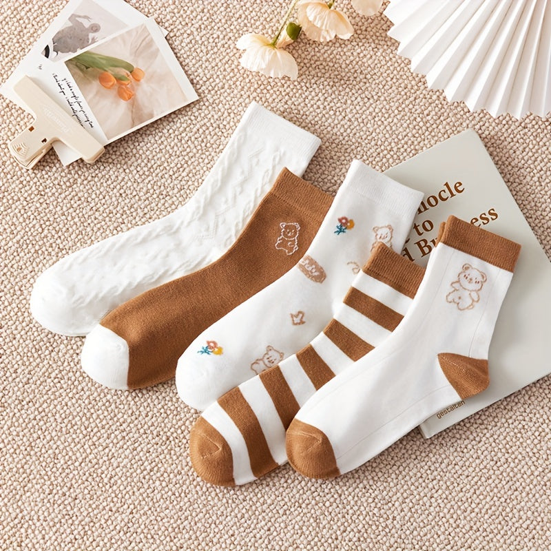 5 Pairs Bear Print & Striped Socks Women's Stockings