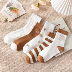 5 Pairs Bear Print & Striped Socks Women's Stockings