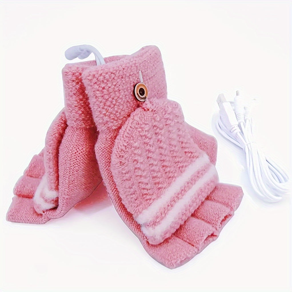 USB Heated Gloves Winter Mittens Knitting Fingerless Hand Warmer