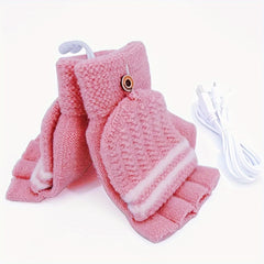 USB Heated Gloves Winter Mittens Knitting Fingerless Hand Warmer