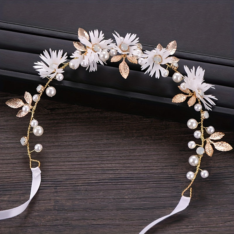 Faux Pearl Flower Leaf Headband Tiara for Women Bride Wedding Hair Accessories