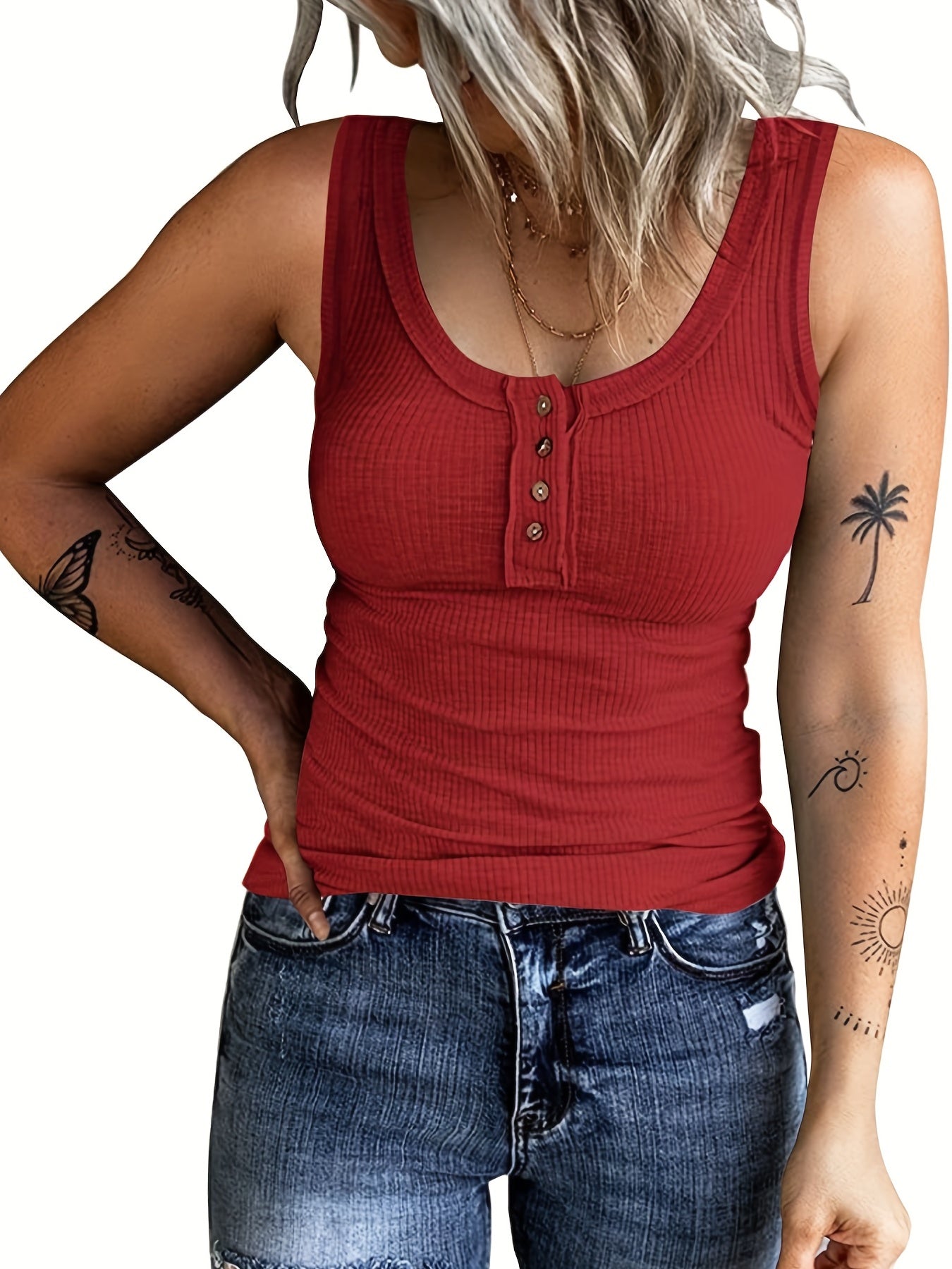 Ribbed Button Front Tank Top Sleeveless Crew Neck Casual Summer Women's Clothing