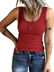 Ribbed Button Front Tank Top Sleeveless Crew Neck Casual Summer Women's Clothing