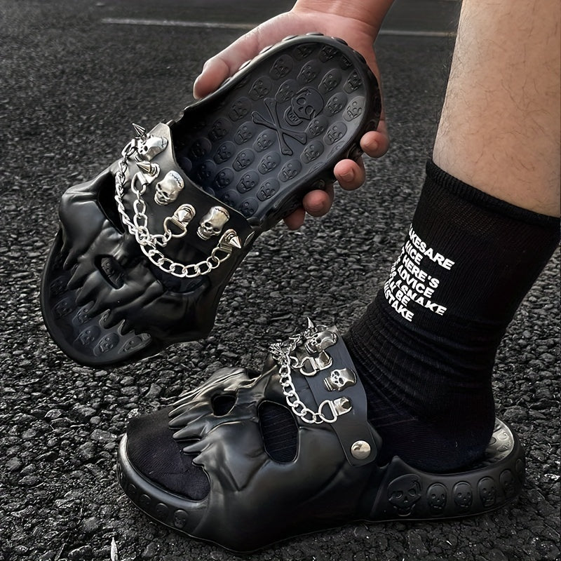 Men's Skull Slides w/ Chains Thick Bottom Comfort Slippers