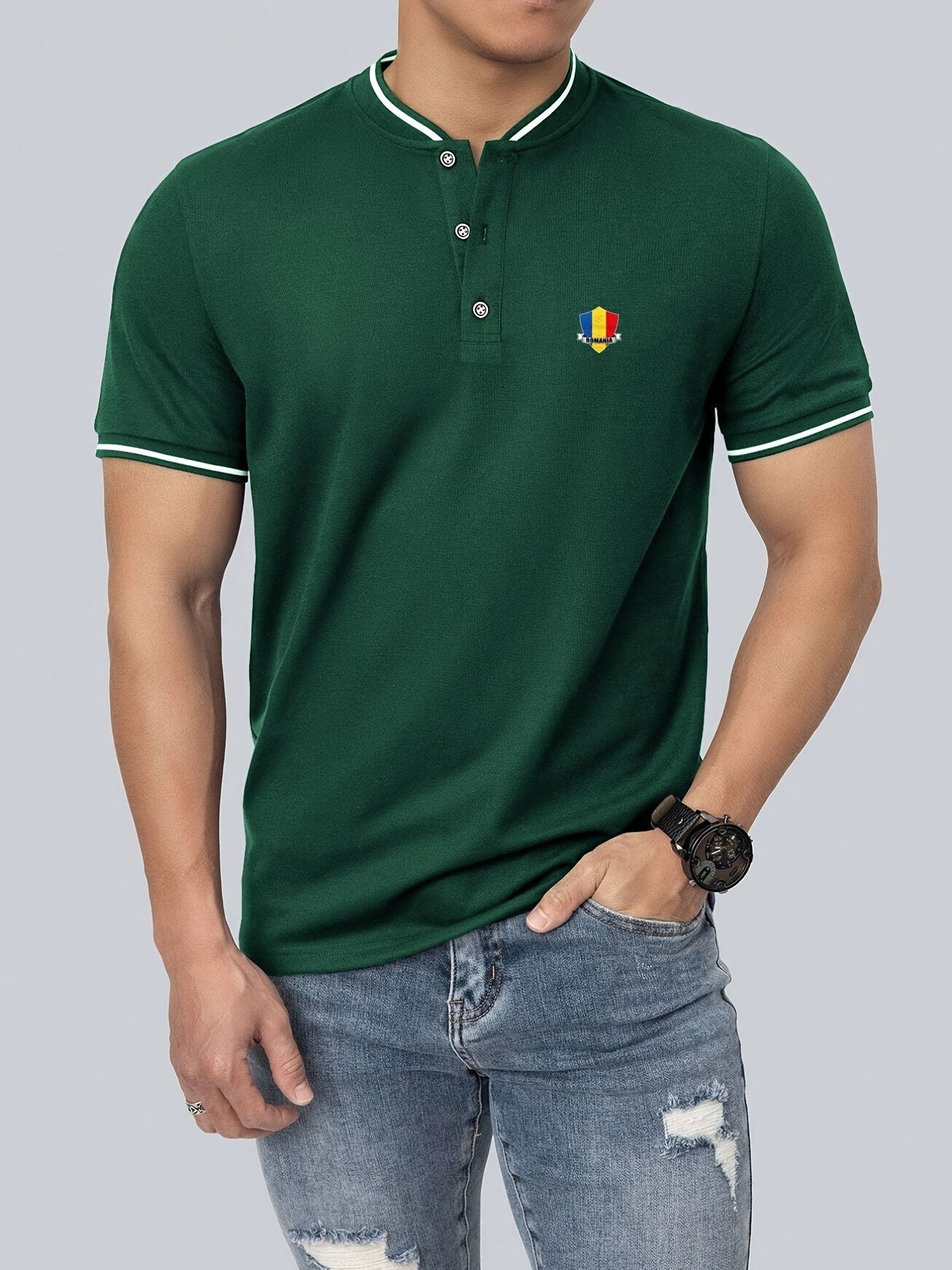 Men's Shield Print Shirt Casual Stretch Button Up Short Sleeve Tee