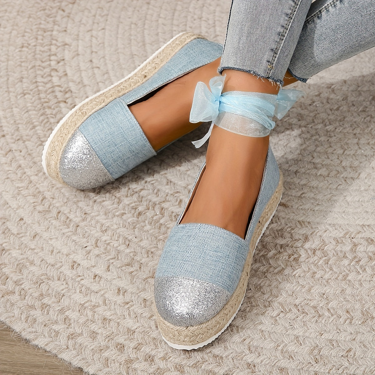 Women's Glitter Platform Espadrille Shoes, Colorblock Slip On
