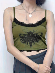 Bee Print Lace Cami Top Spaghetti Sleeveless Sexy Summer