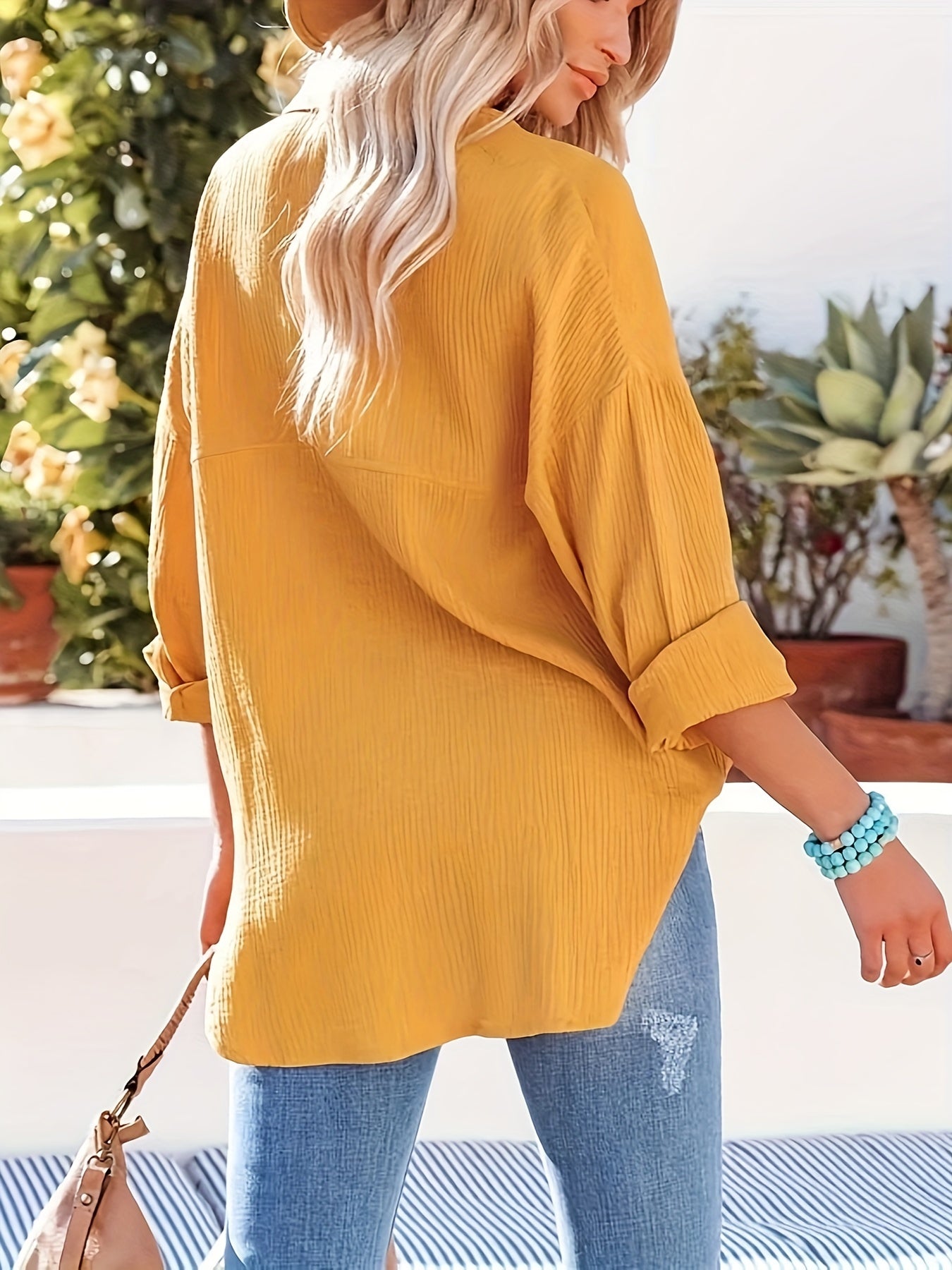Solid Textured Drop Shoulder Long Sleeve Button Up Blouse