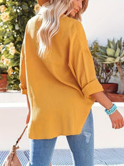 Solid Textured Drop Shoulder Long Sleeve Button Up Blouse