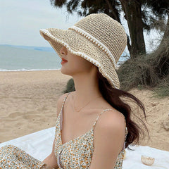 Beige Faux Pearl Decor Bucket Hat Crochet Summer Straw Sun Hats