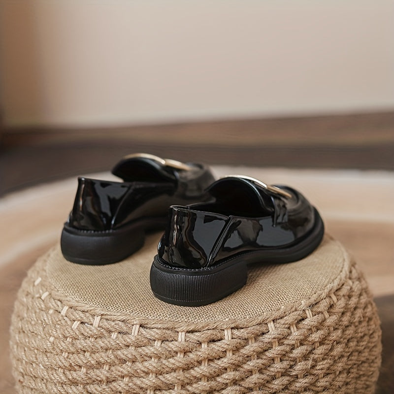 Square Buckle Loafers Faux Leather Chunky Heel Shoes