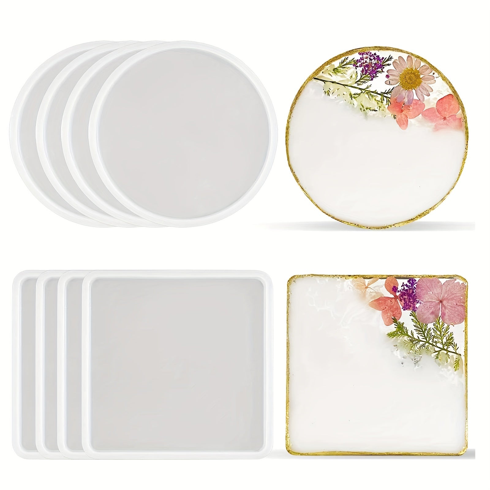 8pcs Resin Coaster Molds Set, Round & Square Silicone Molds, for Resin Casting