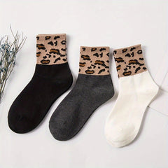 6 Pairs Leopard Stitching Socks Comfy Breathable Mid Tube Women's Stockings
