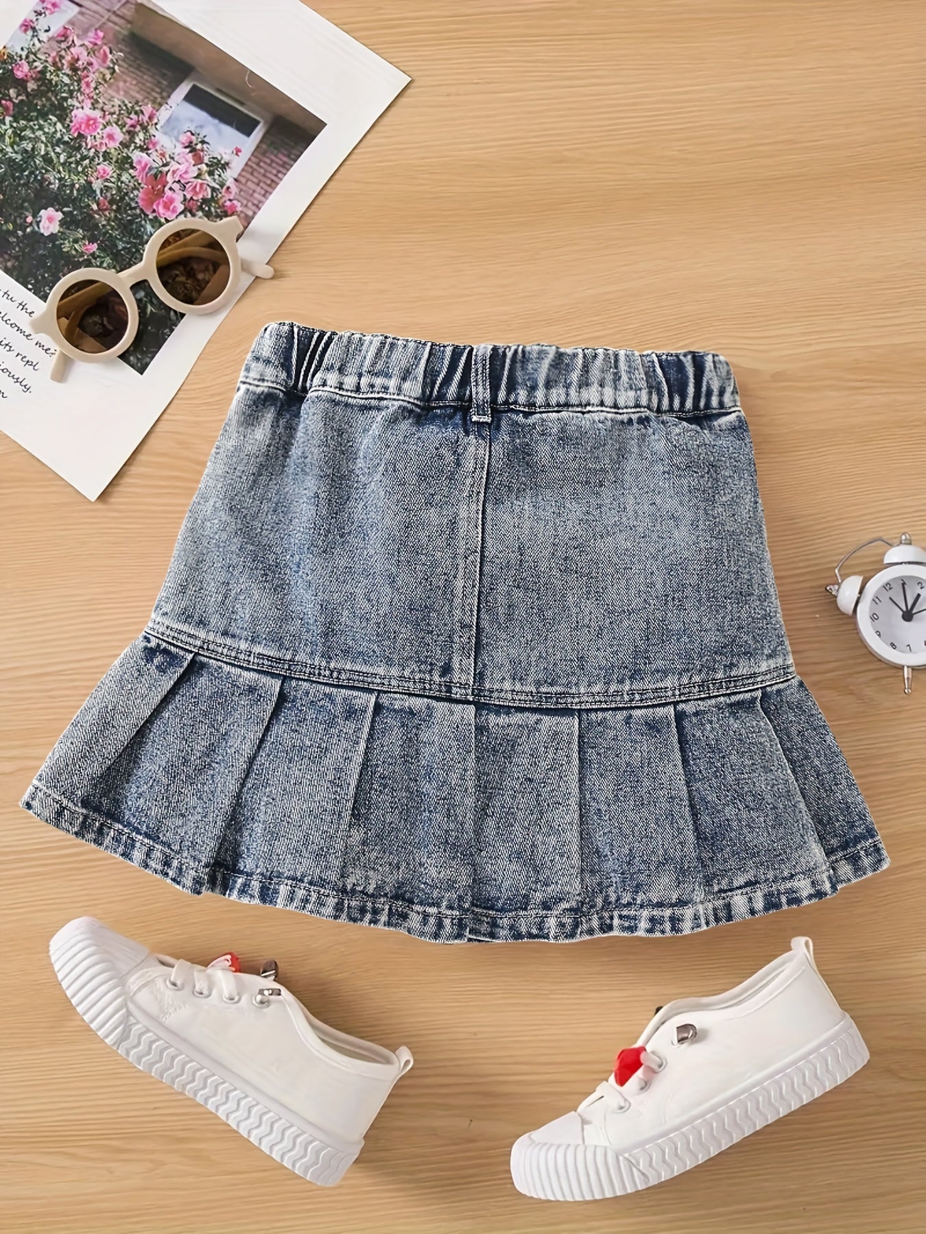 Girls Denim Mini Skirt with Elastic Waist & Pockets - Summer A-line Pleated