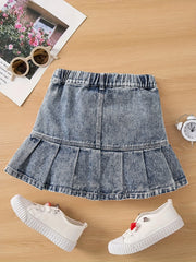 Girls Denim Mini Skirt with Elastic Waist & Pockets - Summer A-line Pleated