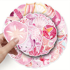 Set of 50 Pink Ocean Themed Cartoon Stickers for Decorating, Self Adhesive