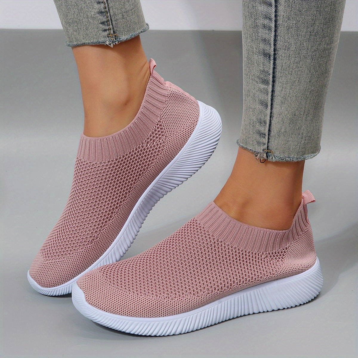 Women's Breathable Knitted Sneakers Lightweight Slip On Solid Walking Shoes