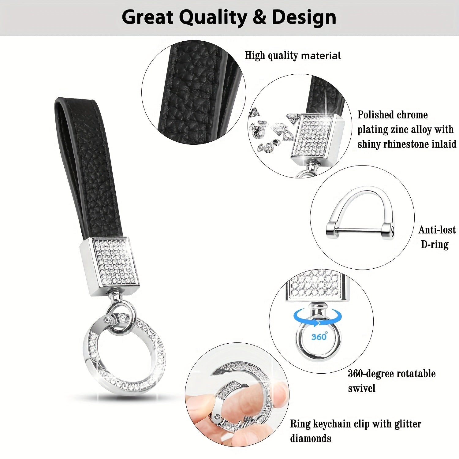 Men's Rhinestone Car Keychain Holder 360° Rotatable Swivel D Ring