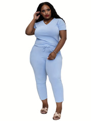 Solid Short Sleeve V Neck Tee & Tie Leggings Set