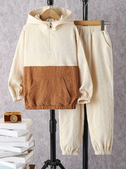 Boy's Corduroy Zipper Hoodie & Sweatpants Set for Spring Fall