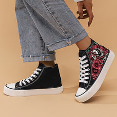 Flower Print Chunky Canvas Sneakers High Top Skate Shoes