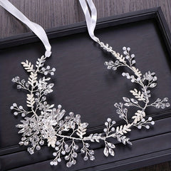 Leaf Shape Faux Pearl Head Piece Ribbon Bridal Hair Accessory