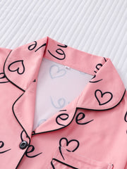 Heart Print Pajama Set Long Sleeve Buttons Top & Pants Women's Sleepwear