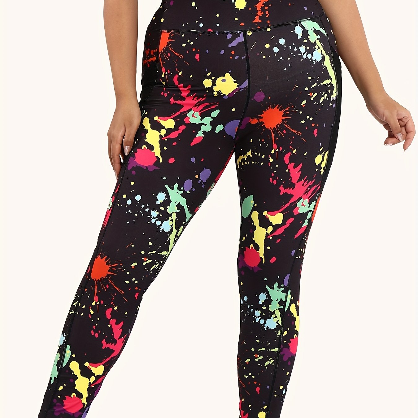 Sports Leggings Women's Plus Splash Print Wide Band Waist High Rise