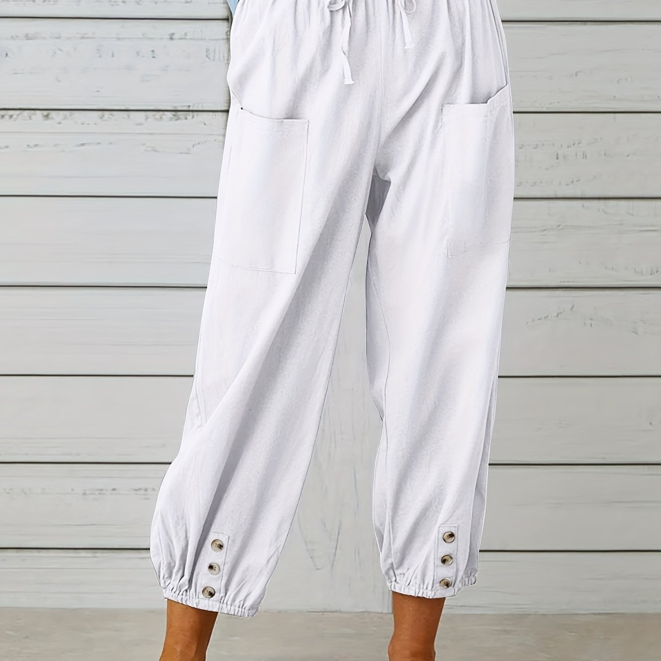 Cropped Pants Drawstring High Waist with Pockets