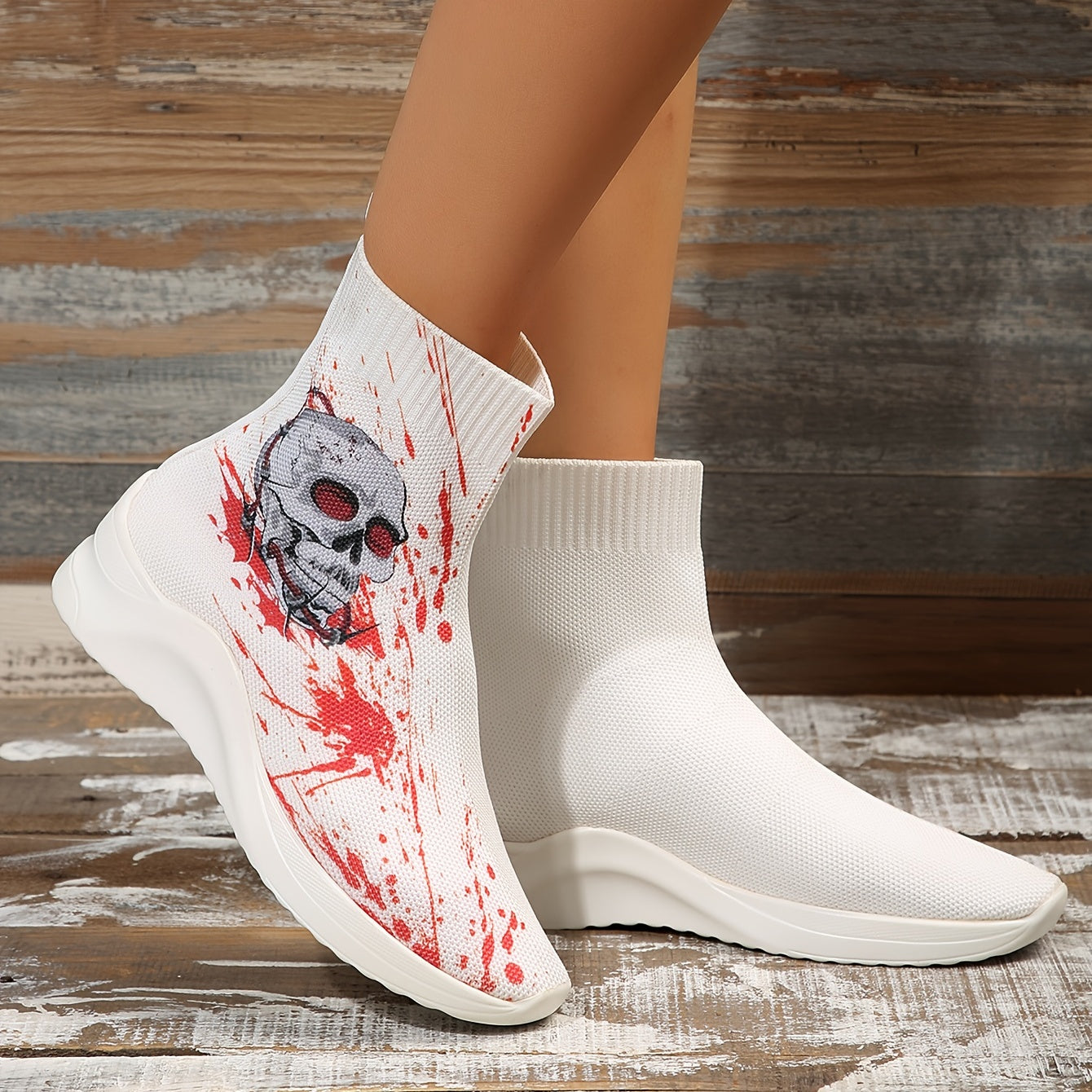 Women's Skull & Blood Graphic Boots Halloween Knitted Slip On Sock Shoes