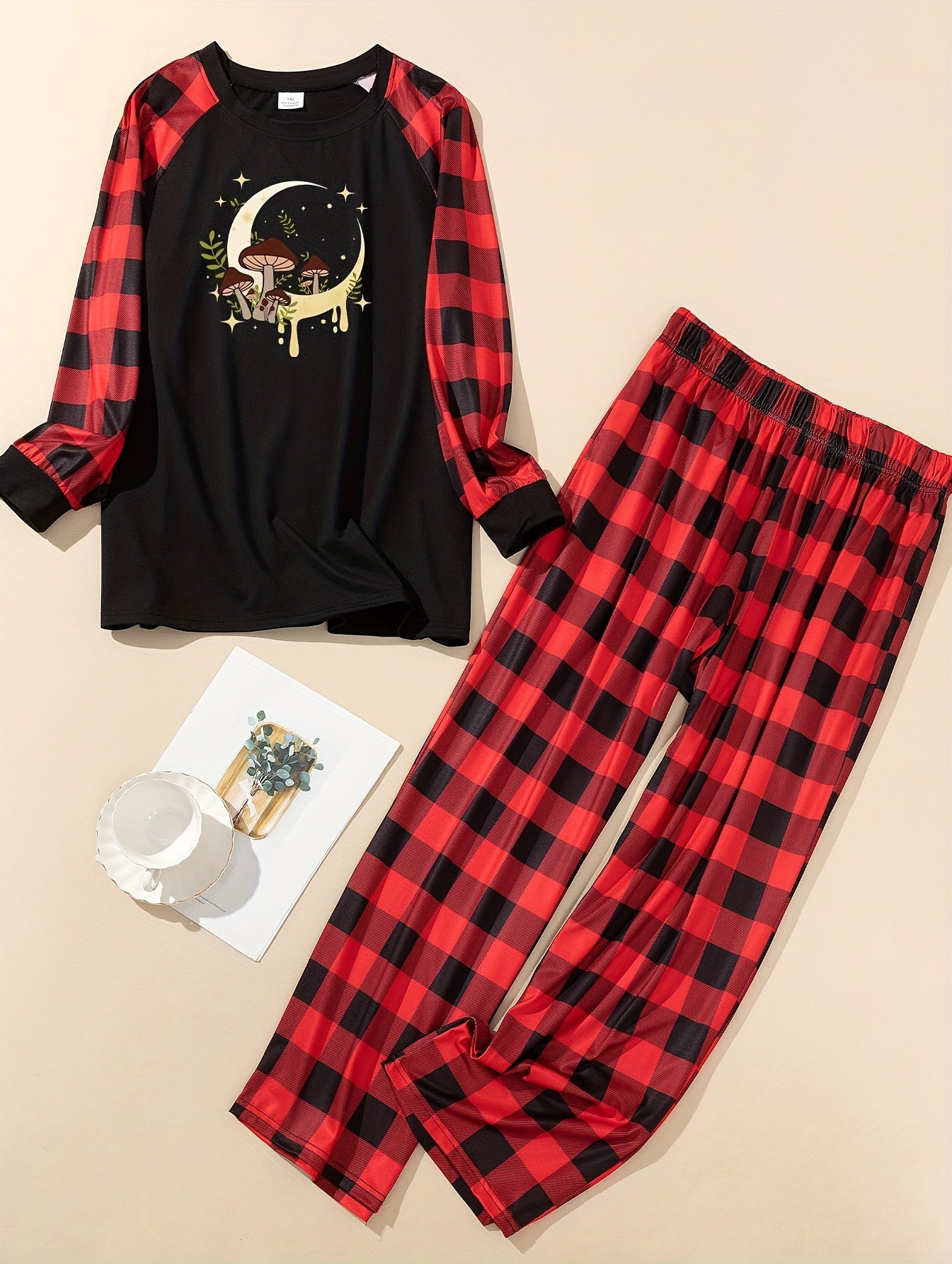Mushroom & Moon Print Plaid Raglan Sleeve Tee & Pants Pajama Set