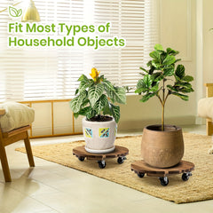 Wooden Plant Caddy Stand w/ Wheels 35cm - Heavy Duty Round Dolly Rollers