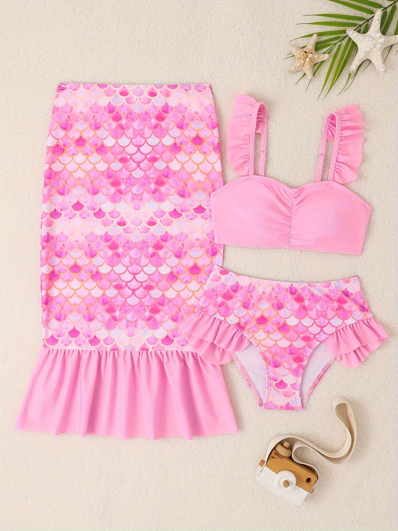 3pcs Girls Gradient Fish Scale Swimsuit Set Kids Summer Clothes